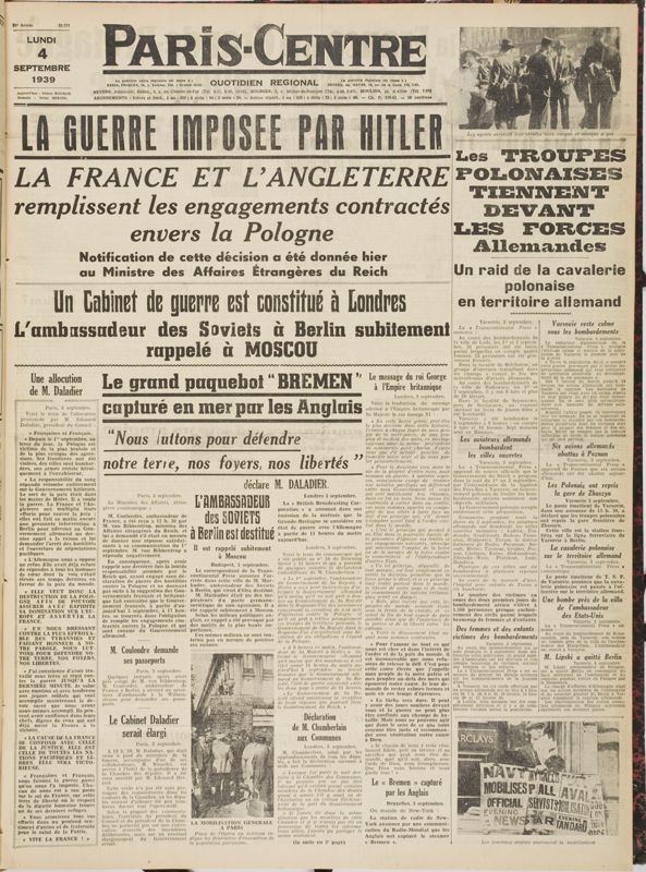 Une de Paris-Centre du 4 septembre 1939